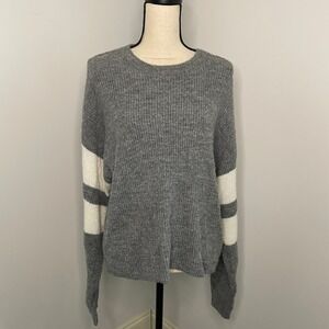 John + Jenn Gray Sweater Medium White Stripe Rib Knit Pullover Retro 90s Varsity